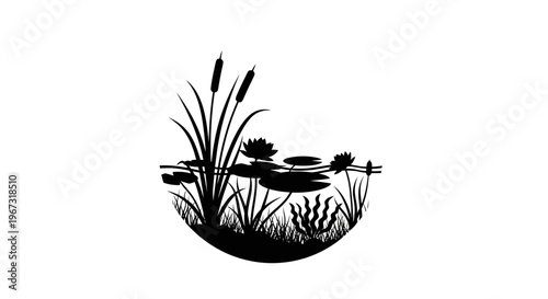 Black silhouette of aquatic plants.