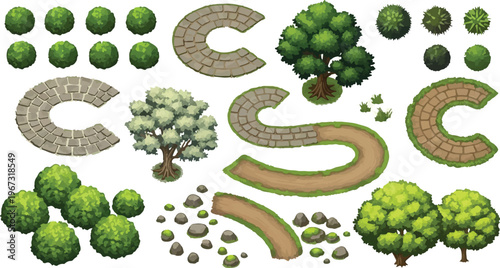 Isometric garden landscape elements vector set, green trees and stone path tiles for park design, outdoor environment map creator with bushes and rocks