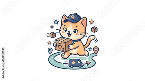 Cute Cartoon Cat Delivering Package