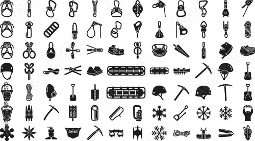 Vector silhouette icons of professional mountain rescue equipment, rock climbing gear, ice axes, harnesses, carabiners, crampons, and winter alpine safety tools for outdoor adventure.