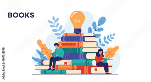Small people sitting on a stack of giant colorful books reading to gain new ideas symbolized by a glowing lightbulb at the top.