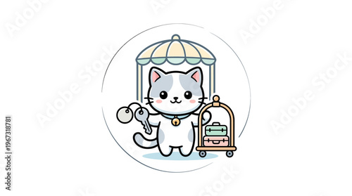 Cute Cat Bellhop with Luggage Cart