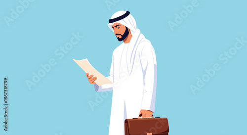 Arab businessman in traditional white clothing holding a document and a leather briefcase against a blue background.