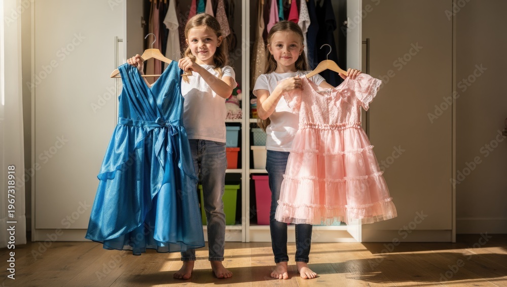 Naklejka premium Two Girls Holding Dresses In Front Of Mirror, Twirling And Comparing Ruffles And Color Sisters Engaging In Imaginative DressUp And Pretend Play, Joyful Rehearsal For Party Or Performance