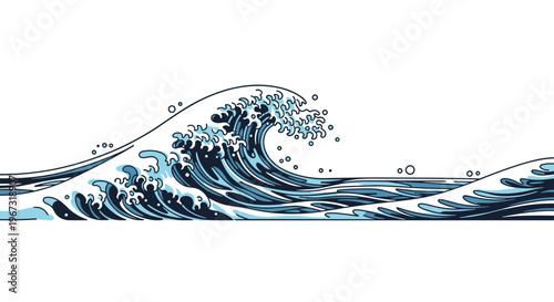 Large powerful ocean wave with white foam and droplets in a traditional Japanese art style on a white background.
