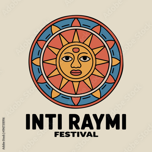 Inti Raymi festival badge design sun god graphic face