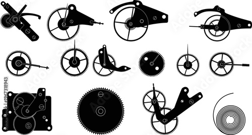 Vintage Mechanical Watch Parts Collection with Gears Wheels Cogs and Hairspring Silhouettes Isolated on White for Horology Engineering Industrial Design and Clockwork Repair Concepts