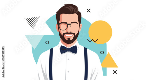 Stylish man with a beard and glasses wearing a white shirt, bow tie, and suspenders against a geometric background.