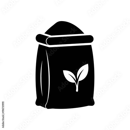 Black and white illustration of a bag of fertilizer with leaves perfect for gardening.