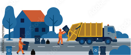 Garbage collectors working with truck near residential house.