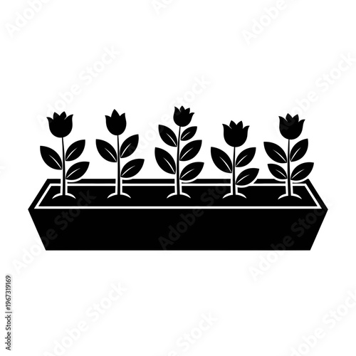 Black and white illustration of a flower box with five tulips growing inside.