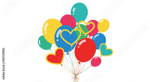 Large bunch of vibrant and colorful balloons in various shapes and sizes tied together with strings for a festive celebration or party event.