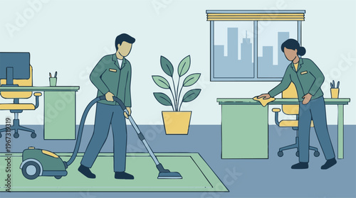 Professional cleaning service team tidying a modern office workspace