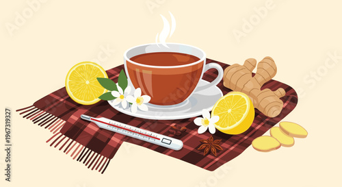 Warm cup of herbal tea served with fresh ginger slices, lemon, and a thermometer on a plaid scarf to treat cold and flu symptoms naturally.