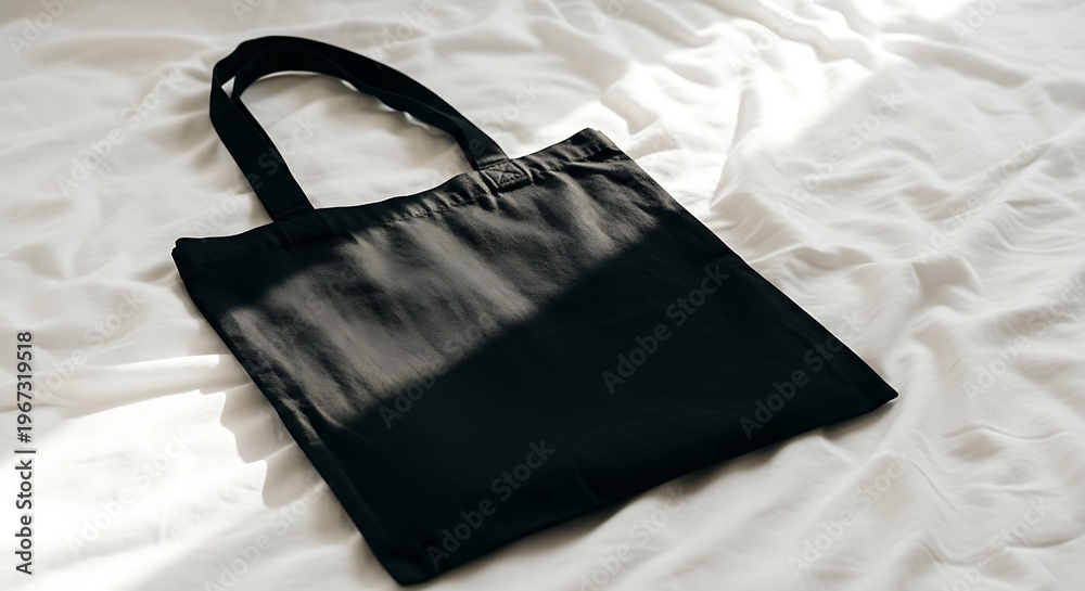 Naklejka premium Elegant Black Tote Bag on White Fabric - Stylish Accessory for Everyday Use.
