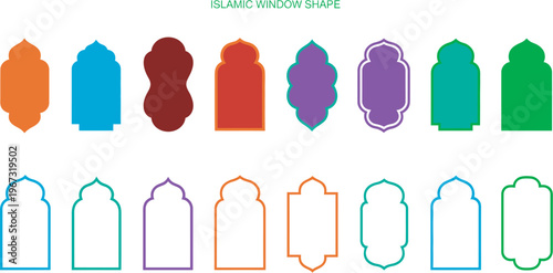 Islamic arch window frames set, mosque niche silhouettes, pastel mihrab shapes, oriental style Islamic windows, decorative vector templates for Ramadan and Eid