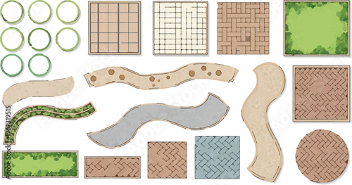 Landscape design elements vector set, garden plan symbols for architectural site mapping, top view paving textures and winding stone paths for backyard