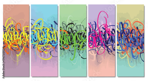 Abstract Graffiti Art Banners Set with Vibrant Urban Calligraphy and Scribble Design on Pastel Backgrounds