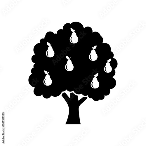 Black and white illustration of a fruitbearing pear tree with ripe pears.