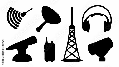 Black solid military communication icons set including satellite dish headset and walkie talkie on white background