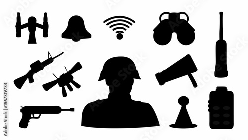 Black solid silhouette icons set for military operations and communication tools on white background