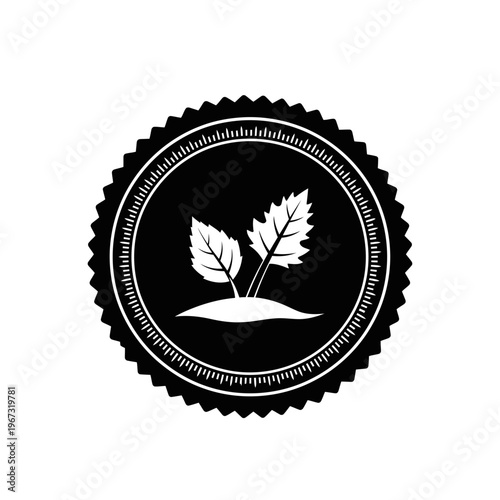 Elegant badge featuring two leaves sprouting from the ground perfect for ecofriendly branding.