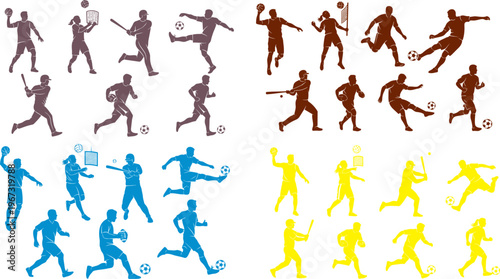 Sports icons, athletic silhouettes, colorful fitness illustrations, vector people