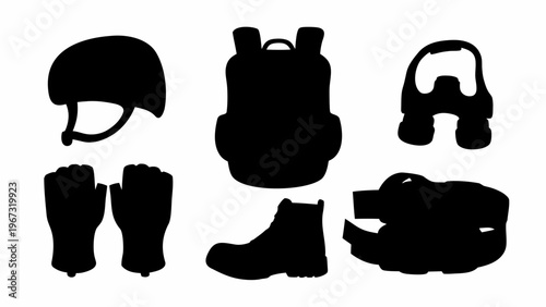 Tactical gear icons set including helmet backpack headset gloves boot and belt in black silhouette on white background