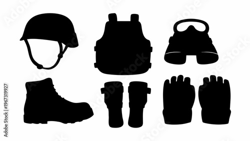 Tactical gear icons set including helmet vest goggles boots gloves on white background for military protection safety