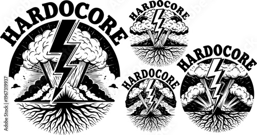Hardcore music logos, punk rock badges, explosion emblems, black and white vector graphics