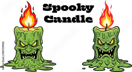 Spooky green monster candles, Halloween decorations, vector illustrations, creepy wax melts