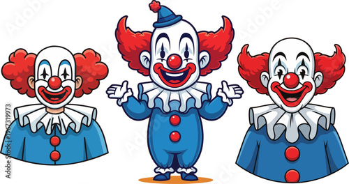 Clown characters, cartoon clowns, blue costumes, red noses, vector illustrations, festive icons