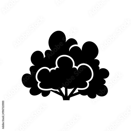 Black silhouette of a lush bush with dense foliage and a sturdy trunk.