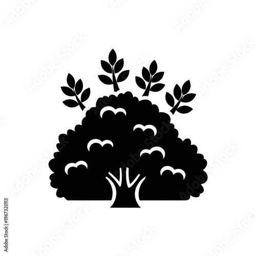 Black silhouette of a tree with leaves perfect for naturethemed projects and designs.