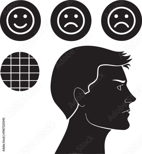 A black silhouette of a man s head with emotive faces and a textured circle nearby