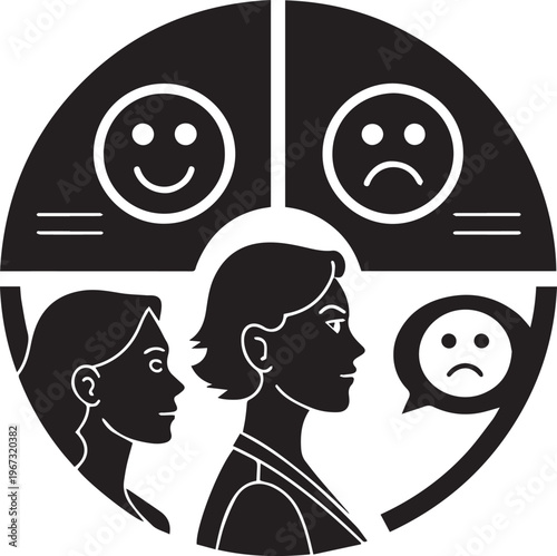 A black and white graphic depicting emotional duality and interpersonal relationships