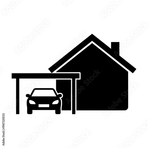 Black silhouette of a house with a carport and a car parked inside simple design.
