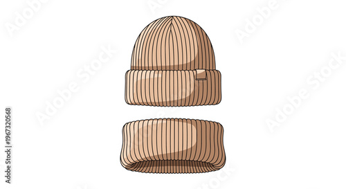 Simple and cozy knitted winter beanie hat in a neutral tan or beige color with a folded brim and a small label on the side for cold weather.