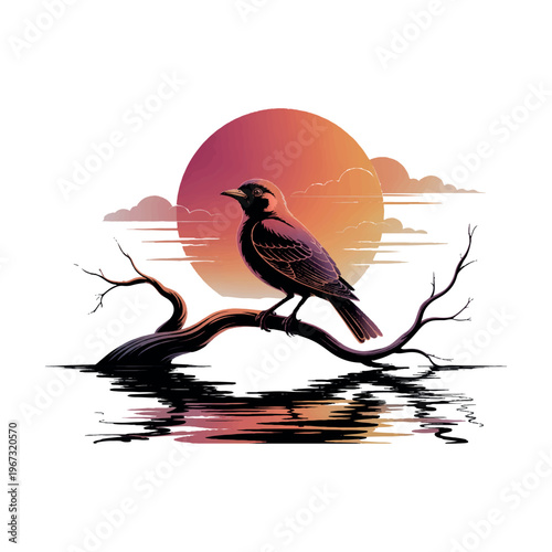 Dark bird perched on a bare branch over water reflecting sunset colors in a serene atmospheric scene.