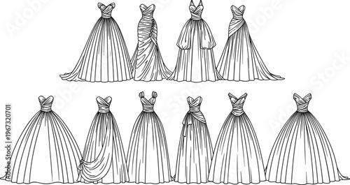 Collection of elegant ball gown dress sketches in silhouette style isolated on white background showcasing luxury fashion design and bridal couture concepts