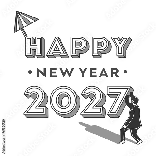 Black and white illustration of a man holding up 2027 with a kite and happy new year text