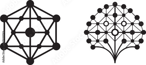 Geometric diagrams illustrating network structures and interconnected nodes with varying complexity