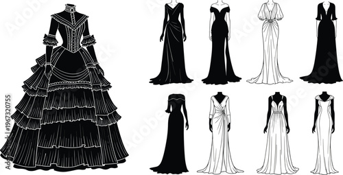 Collection of elegant black and white evening gown silhouettes, vintage Victorian dress and modern fashion styles, luxury formal wear design
