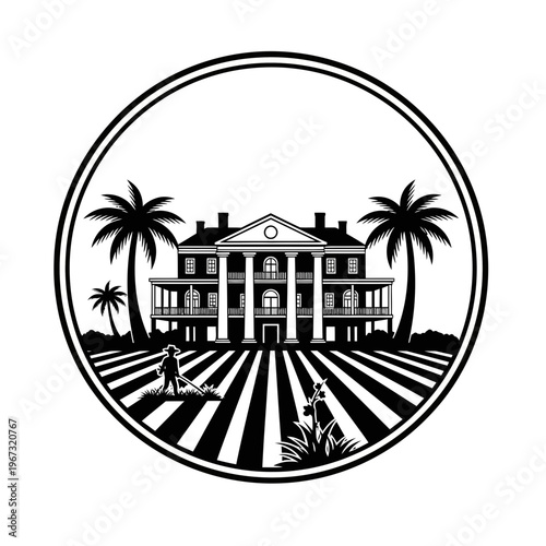 Elegant plantation house with palm trees and a person working in the field.