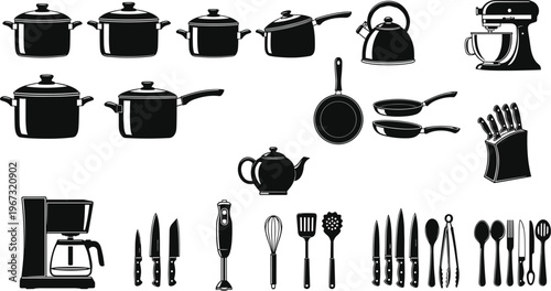 Kitchen cookware and utensil silhouettes set including pots, pans, knives, coffee maker and appliances, modern cooking equipment collection design