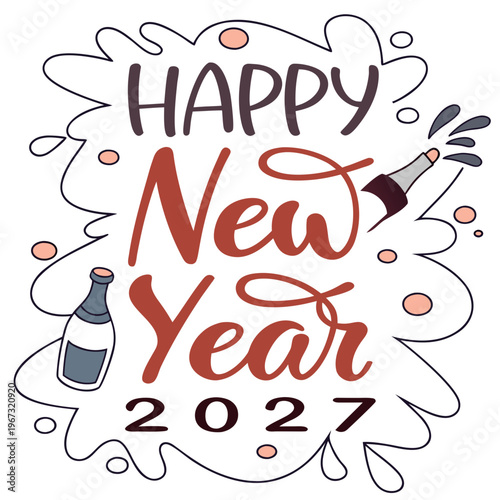 Happy new year 2027 celebration with champagne bottles and colorful design elements