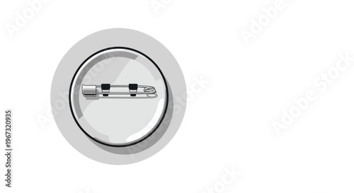 Close-up illustration of the reverse side of a simple round metal pin badge showing the safety pin fastener on a gray circular background.