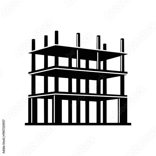 Construction site of a multistory building with concrete pillars and floors black and white.