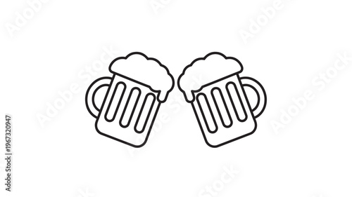 Beer mugs clinking in a toast with foamy heads, depicted in a simple black outline style against a white background.