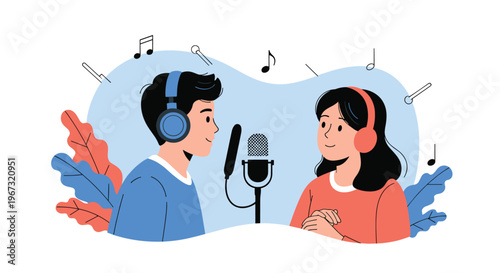 Young man and woman wearing headphones recording a podcast together into professional microphones in a modern creative studio environment.